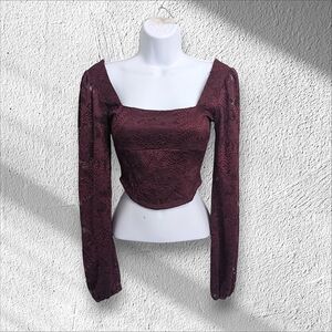 NWT Altar'd State Burgundy Lace Embroidered Crop Top Bustier Long Sleeve XS